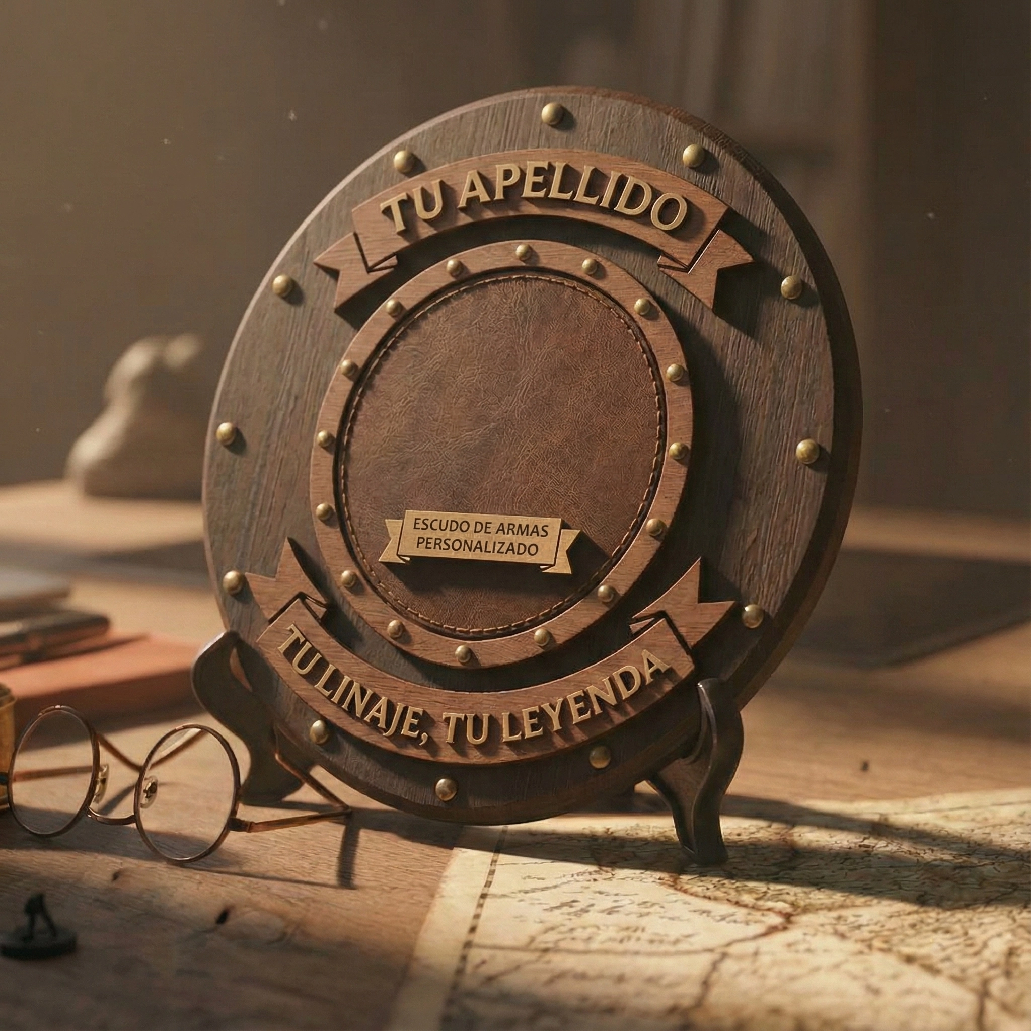 Regalo de lujo para hombre: Escudo de armas apellido enmarcado en oficina ejecutiva